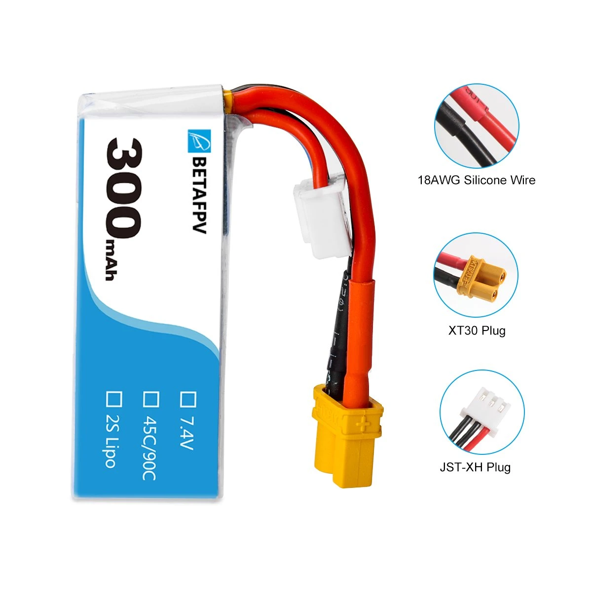 2S 300mAh 45C LiPo Battery With XT30 Connector (2pcs) - Image 2